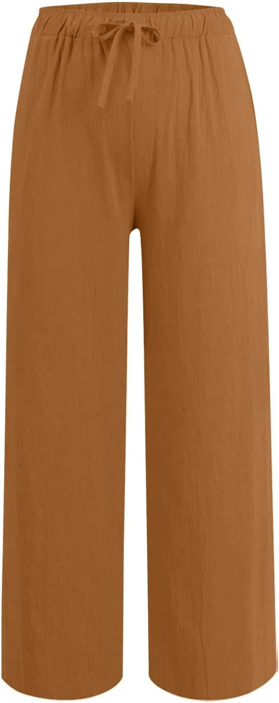 Cotton Linen Pants for Women Drawstring High Elastic Waist Straight Leg Trousers Lightweight Loose Lounge Pants