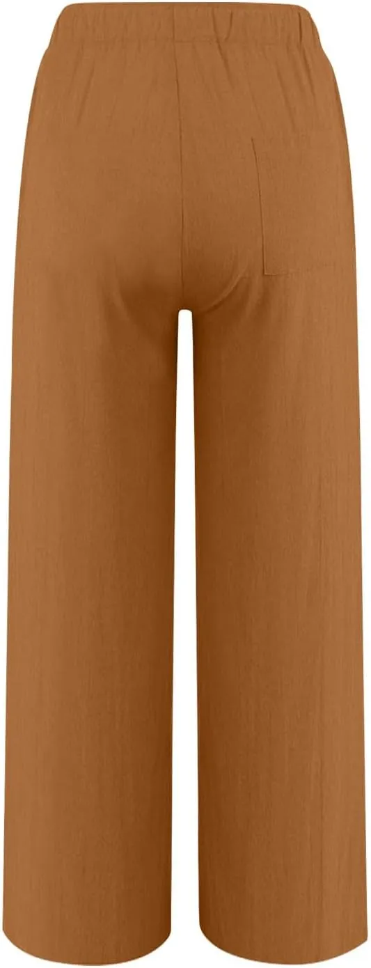 Cotton Linen Pants for Women Drawstring High Elastic Waist Straight Leg Trousers Lightweight Loose Lounge Pants