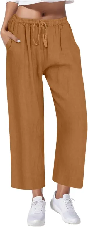 Cotton Linen Pants for Women Drawstring High Elastic Waist Straight Leg Trousers Lightweight Loose Lounge Pants