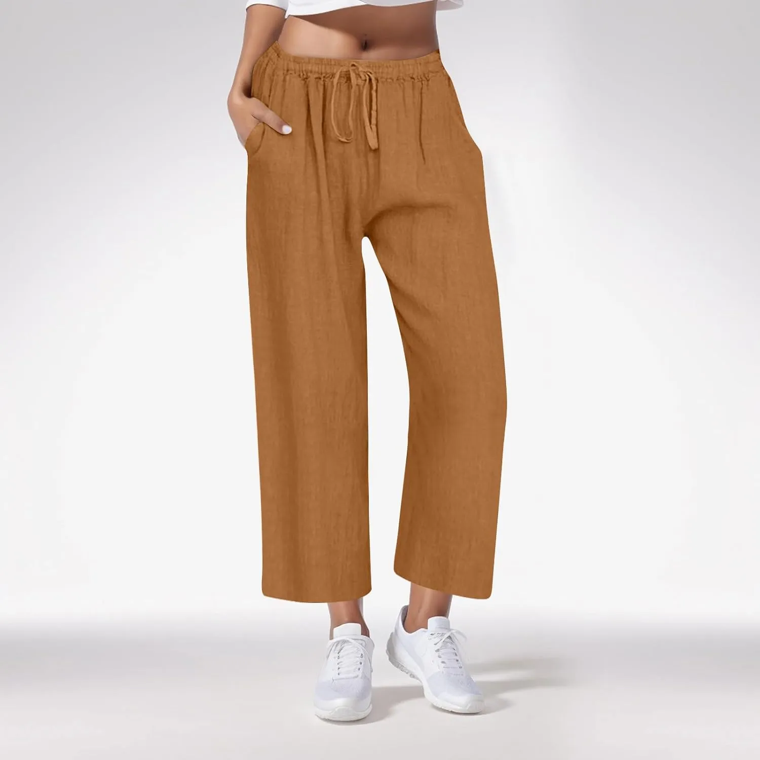 Cotton Linen Pants for Women Drawstring High Elastic Waist Straight Leg Trousers Lightweight Loose Lounge Pants