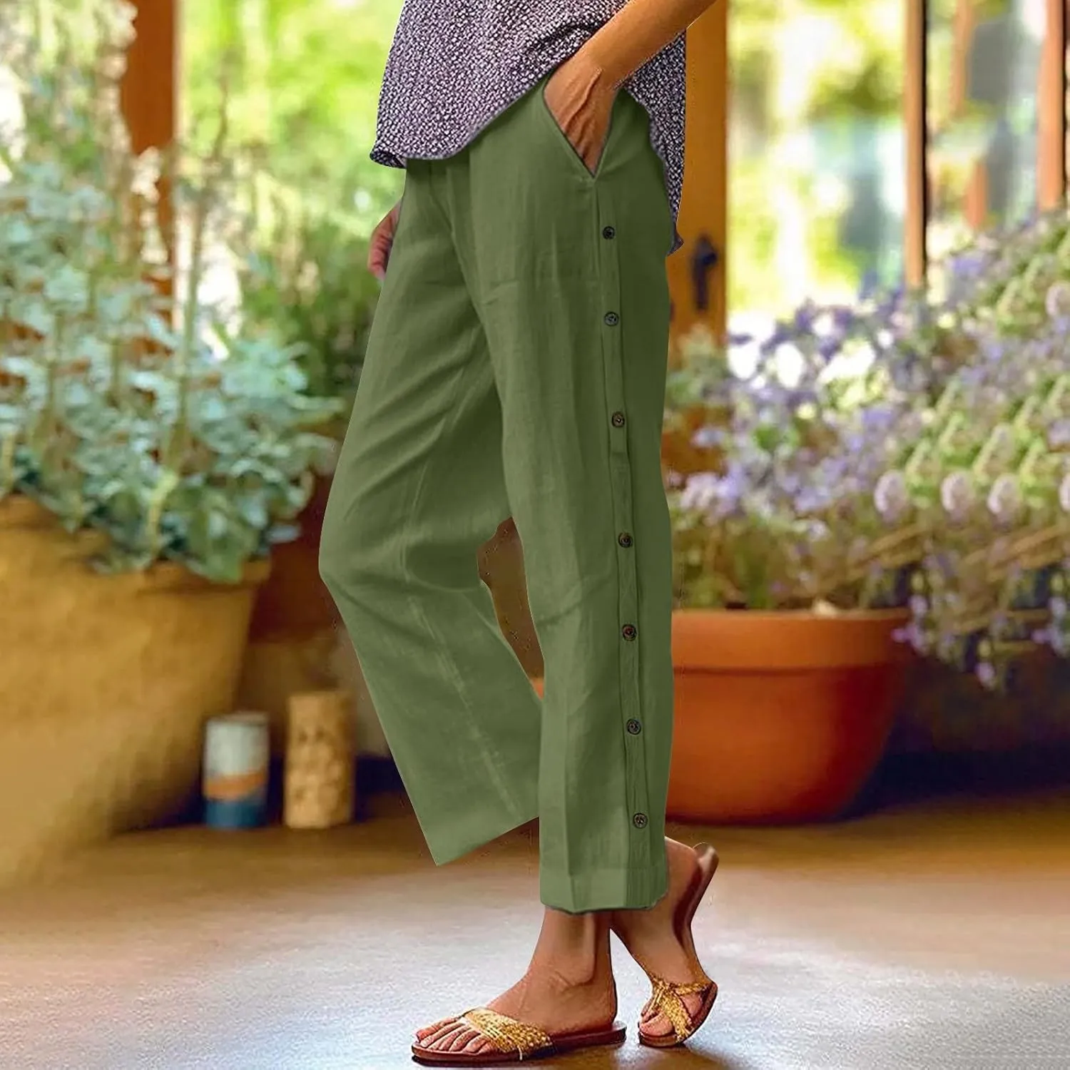 Cotton Linen Trousers for Womens Summer Side Button Straight Leg Pants Casual Baggy Solid Pant with Pocket