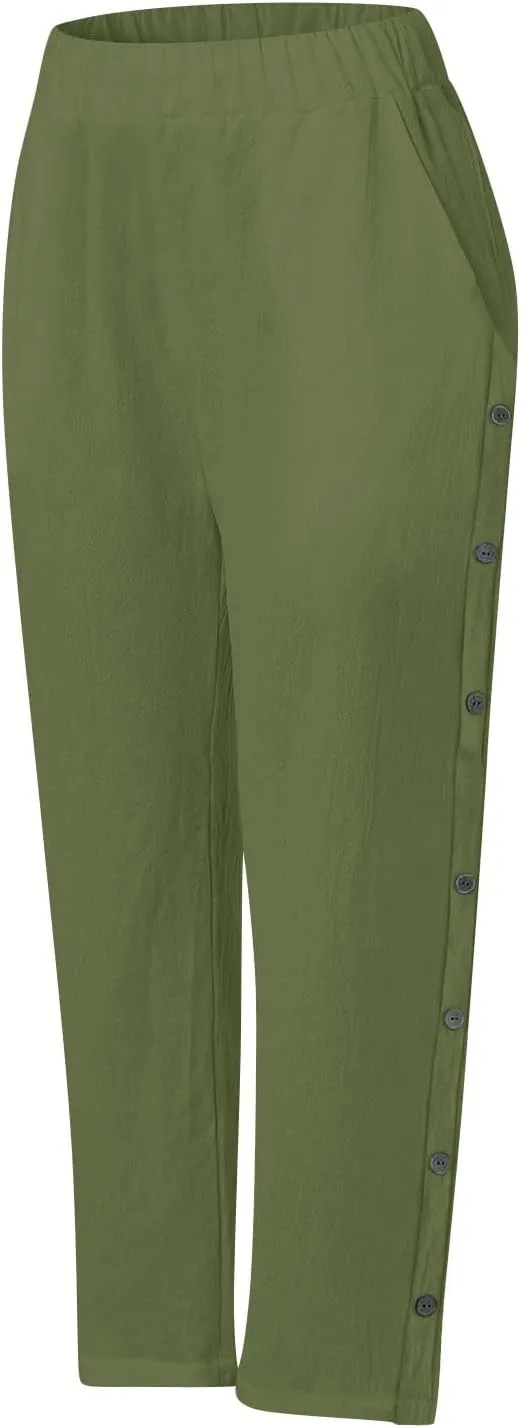Cotton Linen Trousers for Womens Summer Side Button Straight Leg Pants Casual Baggy Solid Pant with Pocket