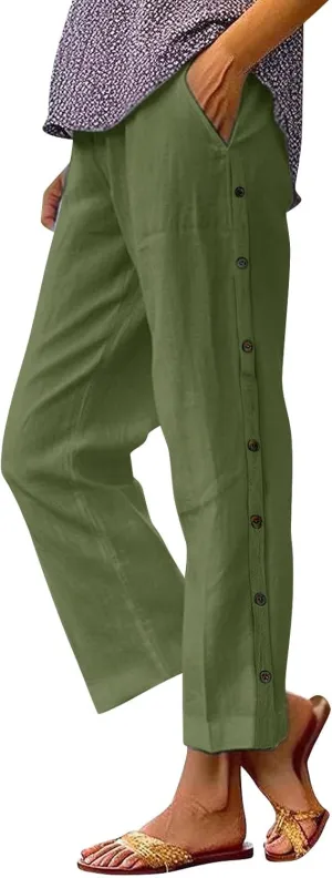 Cotton Linen Trousers for Womens Summer Side Button Straight Leg Pants Casual Baggy Solid Pant with Pocket