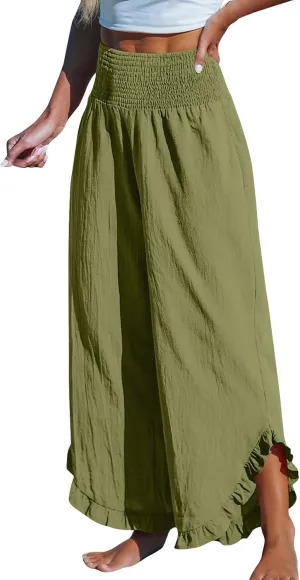 Cotton Linen Wide Leg Pants for Women Summer Casual Beach Stretch Smocked High Waisted Ruffle Hem Palazzo Pants