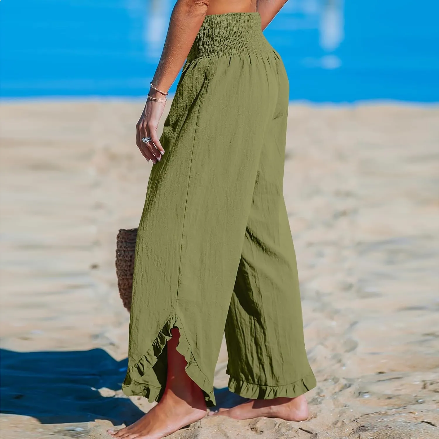 Cotton Linen Wide Leg Pants for Women Summer Casual Beach Stretch Smocked High Waisted Ruffle Hem Palazzo Pants