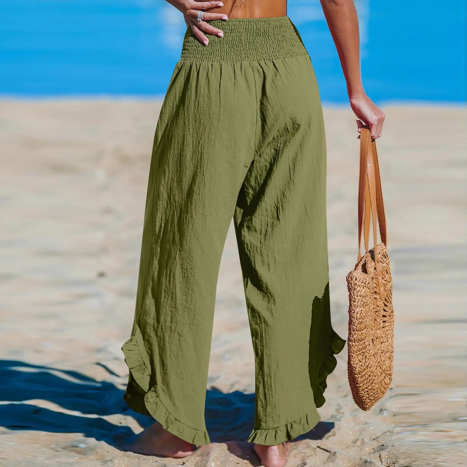 Cotton Linen Wide Leg Pants for Women Summer Casual Beach Stretch Smocked High Waisted Ruffle Hem Palazzo Pants
