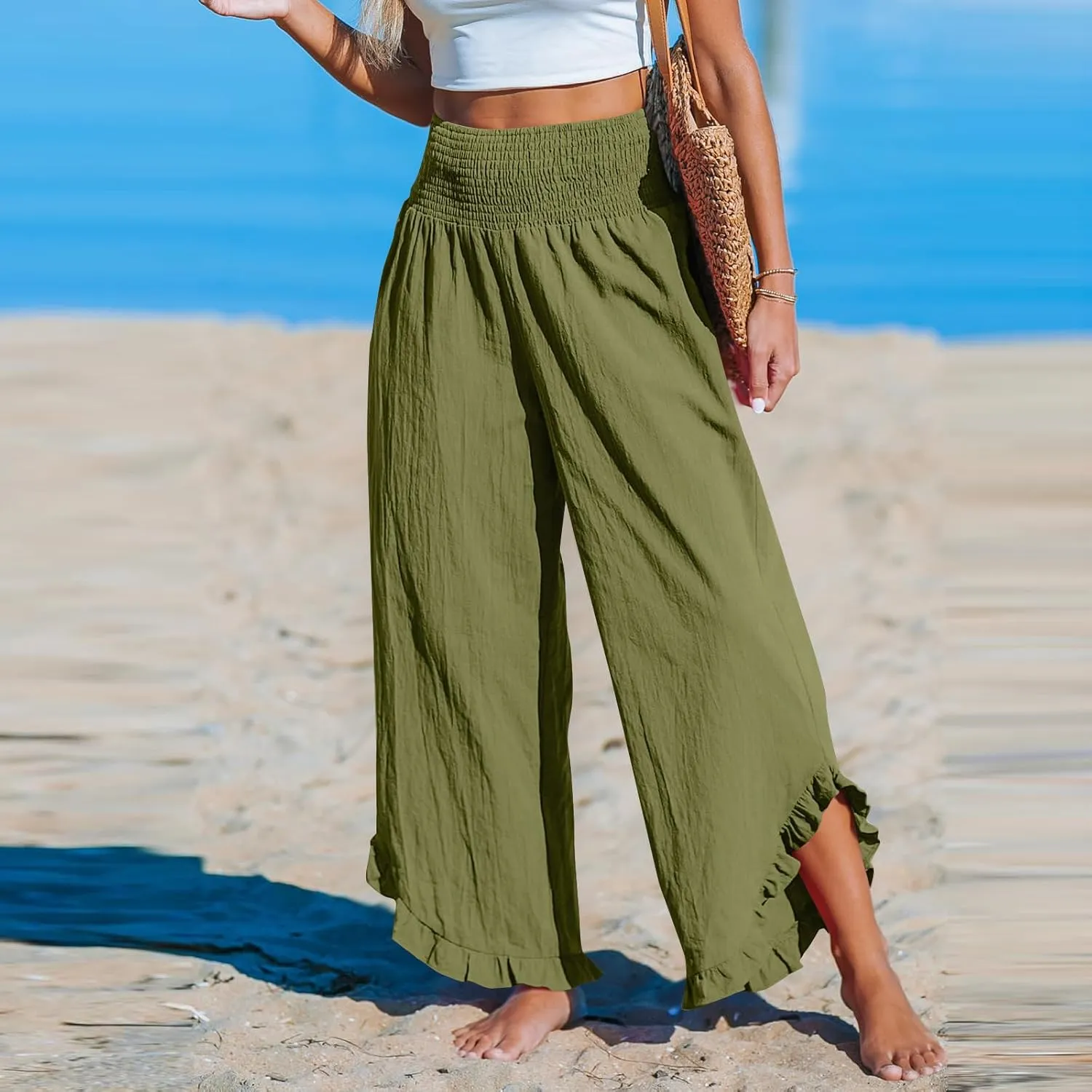 Cotton Linen Wide Leg Pants for Women Summer Casual Beach Stretch Smocked High Waisted Ruffle Hem Palazzo Pants