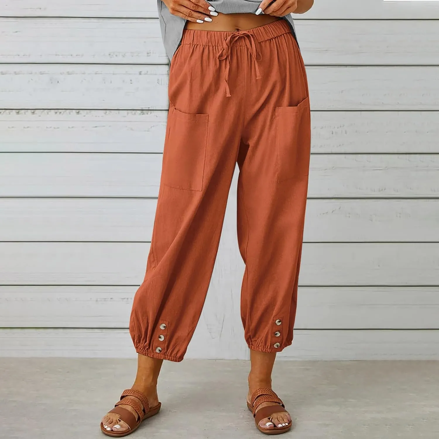 Cotton Pants for Women Casual Plus Size High Waist Drawstring Button Capris with Pockets for Women