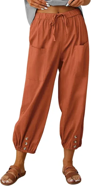 Cotton Pants for Women Casual Plus Size High Waist Drawstring Button Capris with Pockets for Women