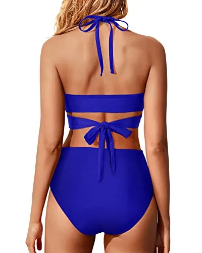 Criss Cross Wrap Bikini With High Waisted Swim Bottom For Juniors-Royal Blue