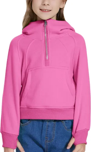 Cropped Hoodies for Girls Half Zip Up Sweatshirts Casual Long Sleeve Fleece Pullover Tops with Pockets Thumb Hole