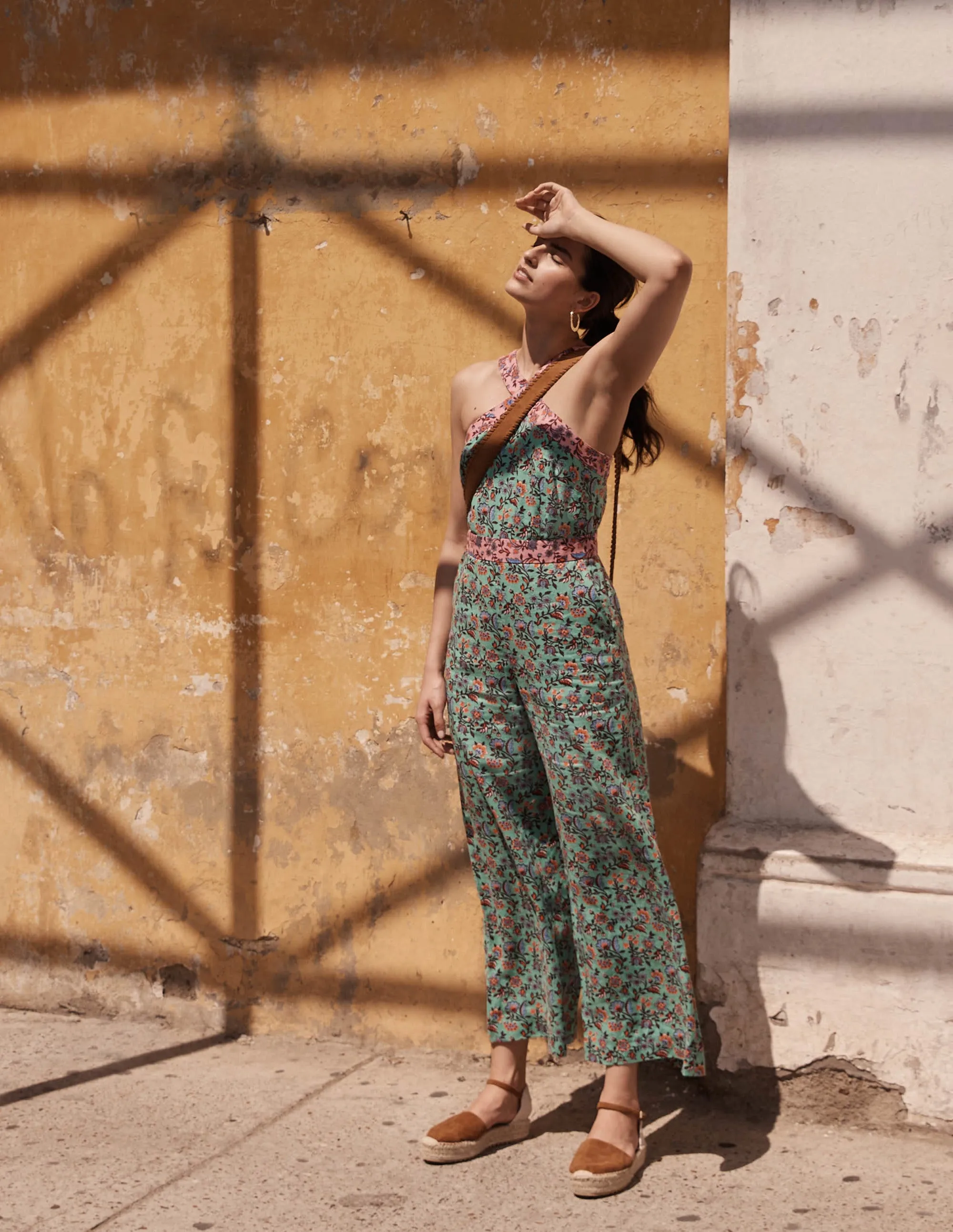 Cross Over Linen Jumpsuit-Green Lagoon, Oriental Meadow