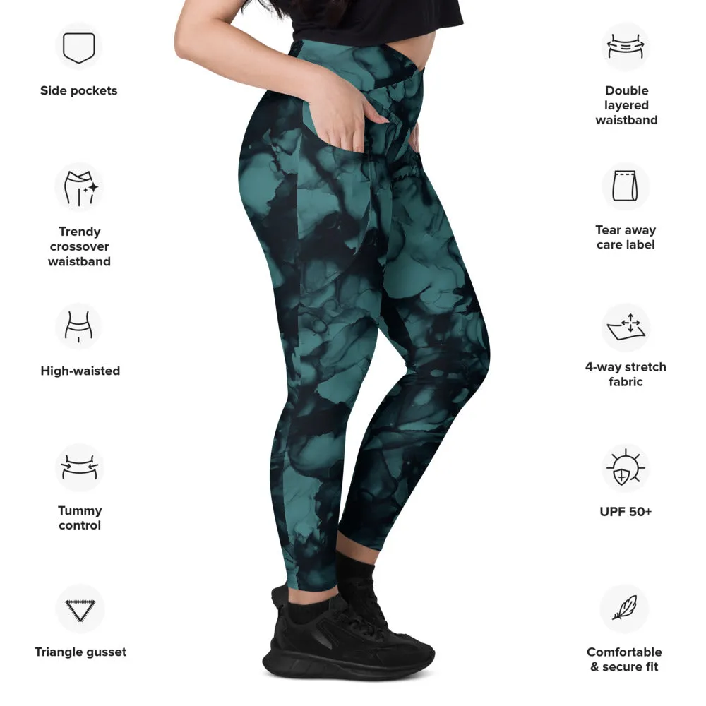 Crossover leggings with Side pockets-Teal Ink