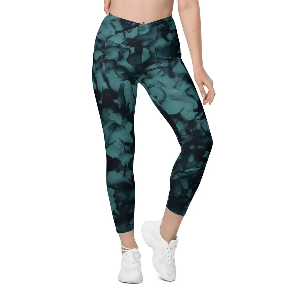Crossover leggings with Side pockets-Teal Ink