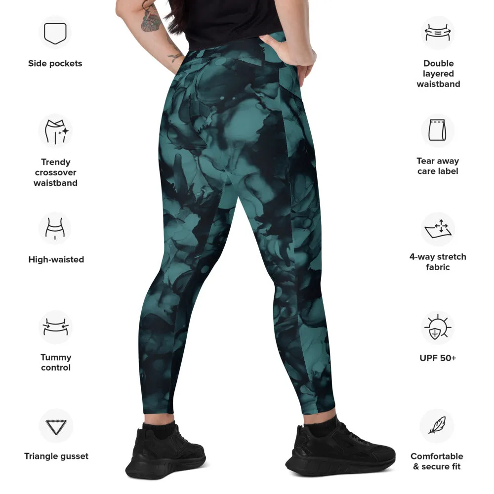 Crossover leggings with Side pockets-Teal Ink
