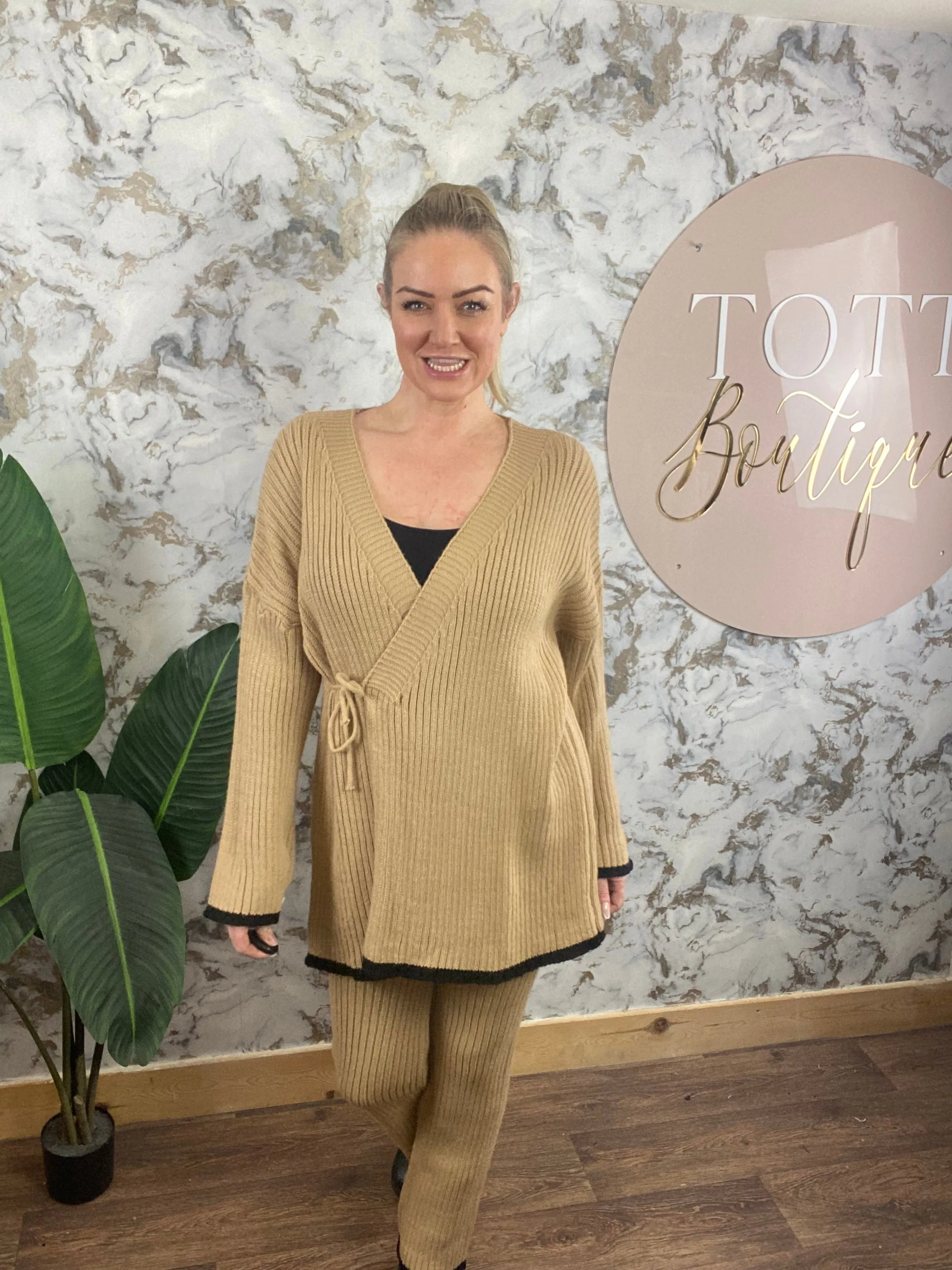 Crossover tie front 2 piece loungewear set - camel beige