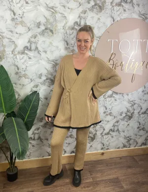 Crossover tie front 2 piece loungewear set - camel beige