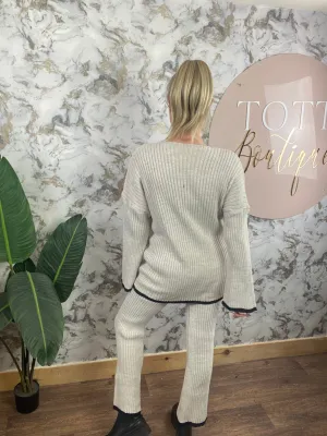 Crossover tie front 2 piece loungewear set - creamy beige