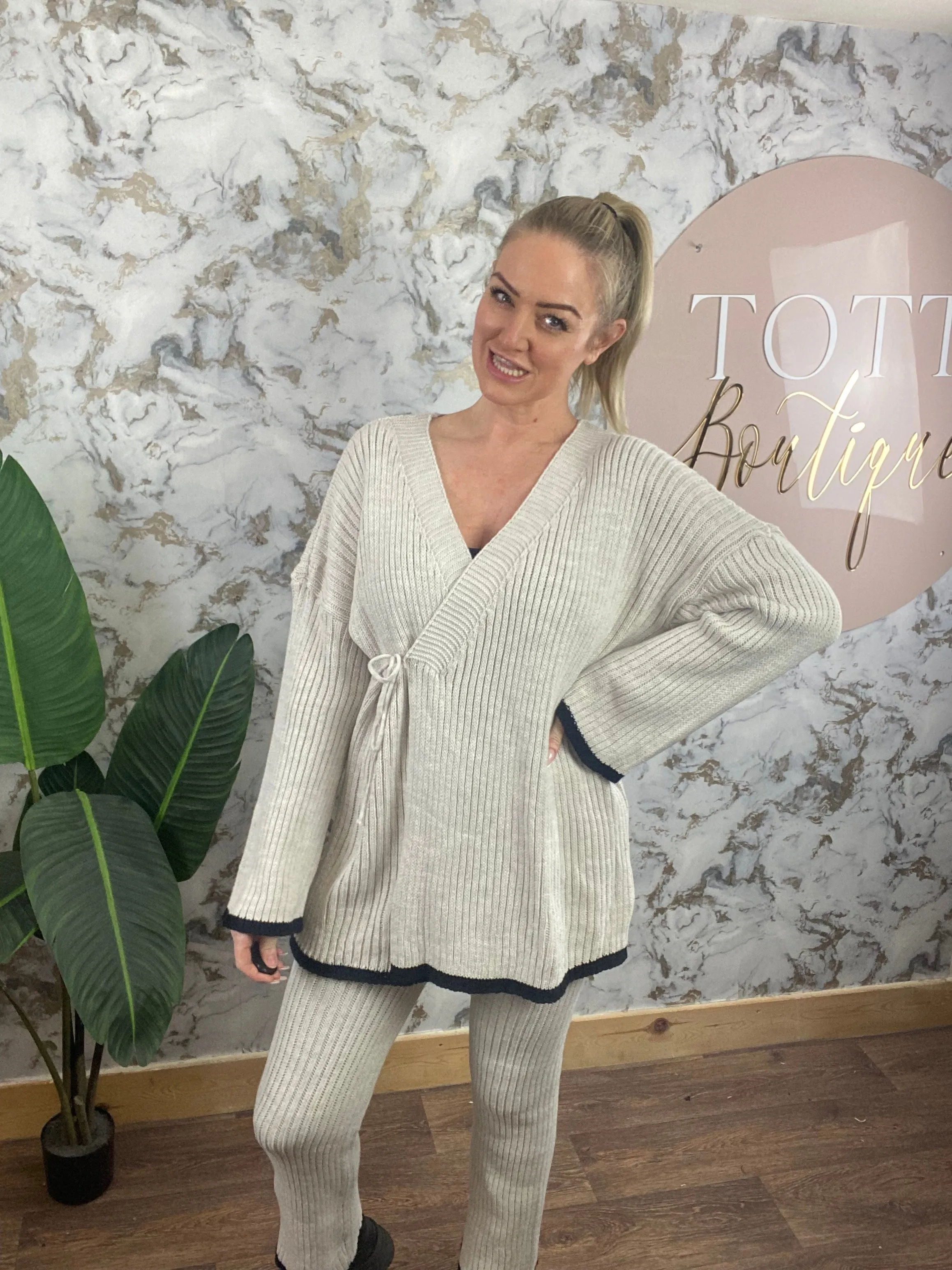 Crossover tie front 2 piece loungewear set - creamy beige