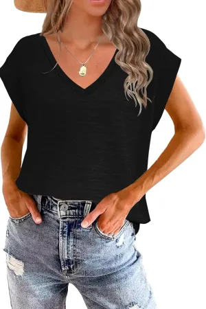 Disamer Summer Cap Sleeve Tank Tops for Women Trendy 2025 Loose Fit Basic Solid Color V Neck Short Sleeve Shirts