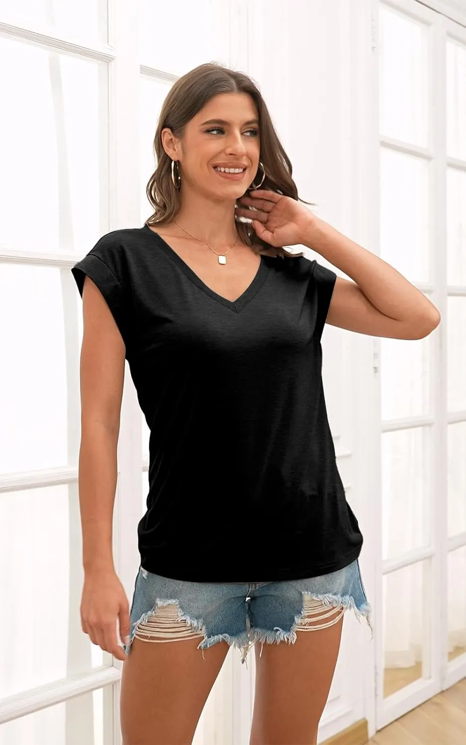 Disamer Summer Cap Sleeve Tank Tops for Women Trendy 2025 Loose Fit Basic Solid Color V Neck Short Sleeve Shirts