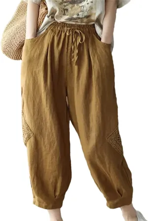 Disimlarl Women High Waist Casual Pants Elastic Waist Cotton Linen Pants Loose Ankle-Length Harem Pants