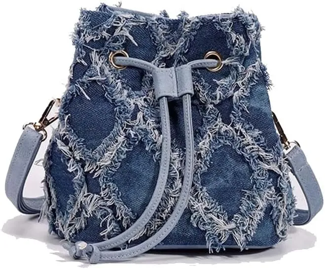 Distressed Denim Purse for Women Drawstring Bucket Crossbody Bag Casual Hobo Jean Purses