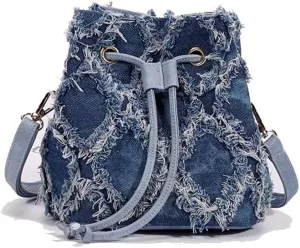 Distressed Denim Purse for Women Drawstring Bucket Crossbody Bag Casual Hobo Jean Purses