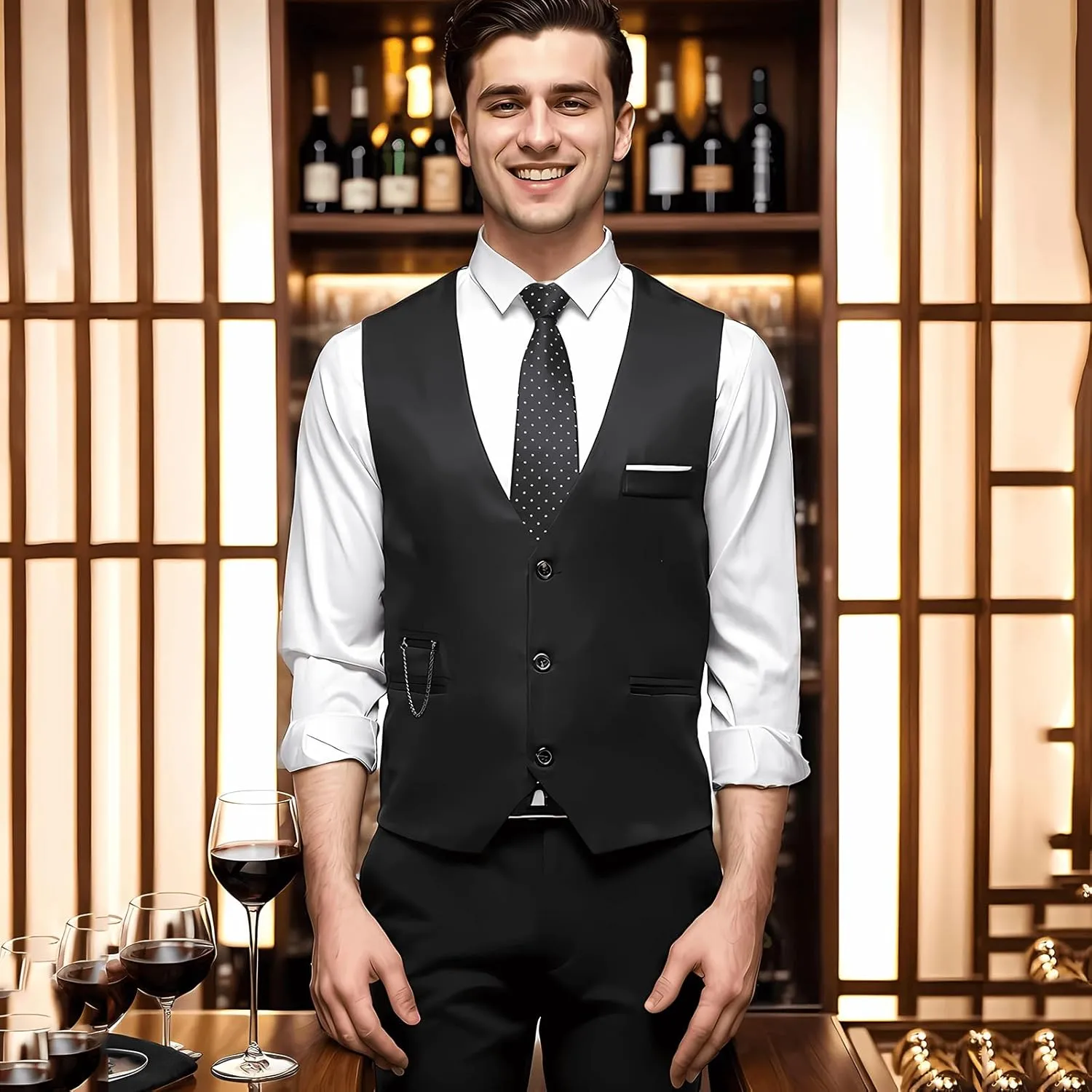 DOKKIA Men's Dress Vest Suit Waistcoat Formal Business Slim Fit V-neck Sleeveless Tuxedo Jacket with Chain