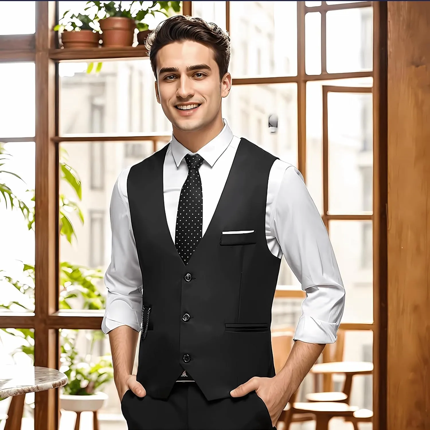 DOKKIA Men's Dress Vest Suit Waistcoat Formal Business Slim Fit V-neck Sleeveless Tuxedo Jacket with Chain
