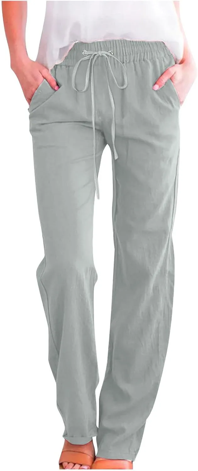DOLKFU Loose Pants for Women Straight Leg Linen Pants Trousers Drawstring Elastic High Waist Summer Vacation Pants