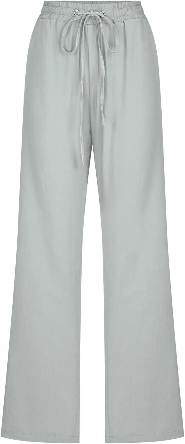 DOLKFU Loose Pants for Women Straight Leg Linen Pants Trousers Drawstring Elastic High Waist Summer Vacation Pants