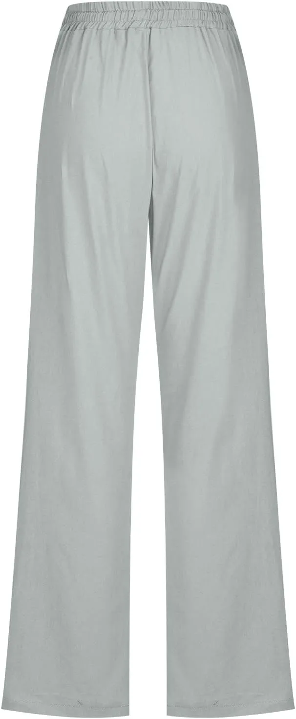DOLKFU Loose Pants for Women Straight Leg Linen Pants Trousers Drawstring Elastic High Waist Summer Vacation Pants