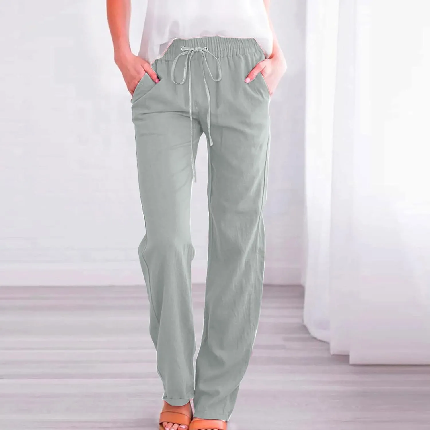 DOLKFU Loose Pants for Women Straight Leg Linen Pants Trousers Drawstring Elastic High Waist Summer Vacation Pants