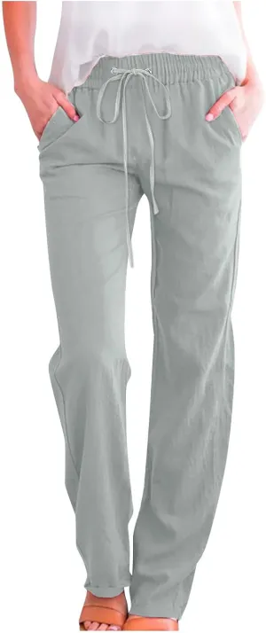 DOLKFU Loose Pants for Women Straight Leg Linen Pants Trousers Drawstring Elastic High Waist Summer Vacation Pants