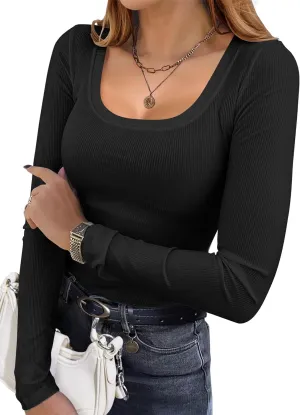 ELESOL Womens 3 Pack Long Sleeve Shirts Square Neck Basic Ribbed Tops Tee Thermal Undershirts