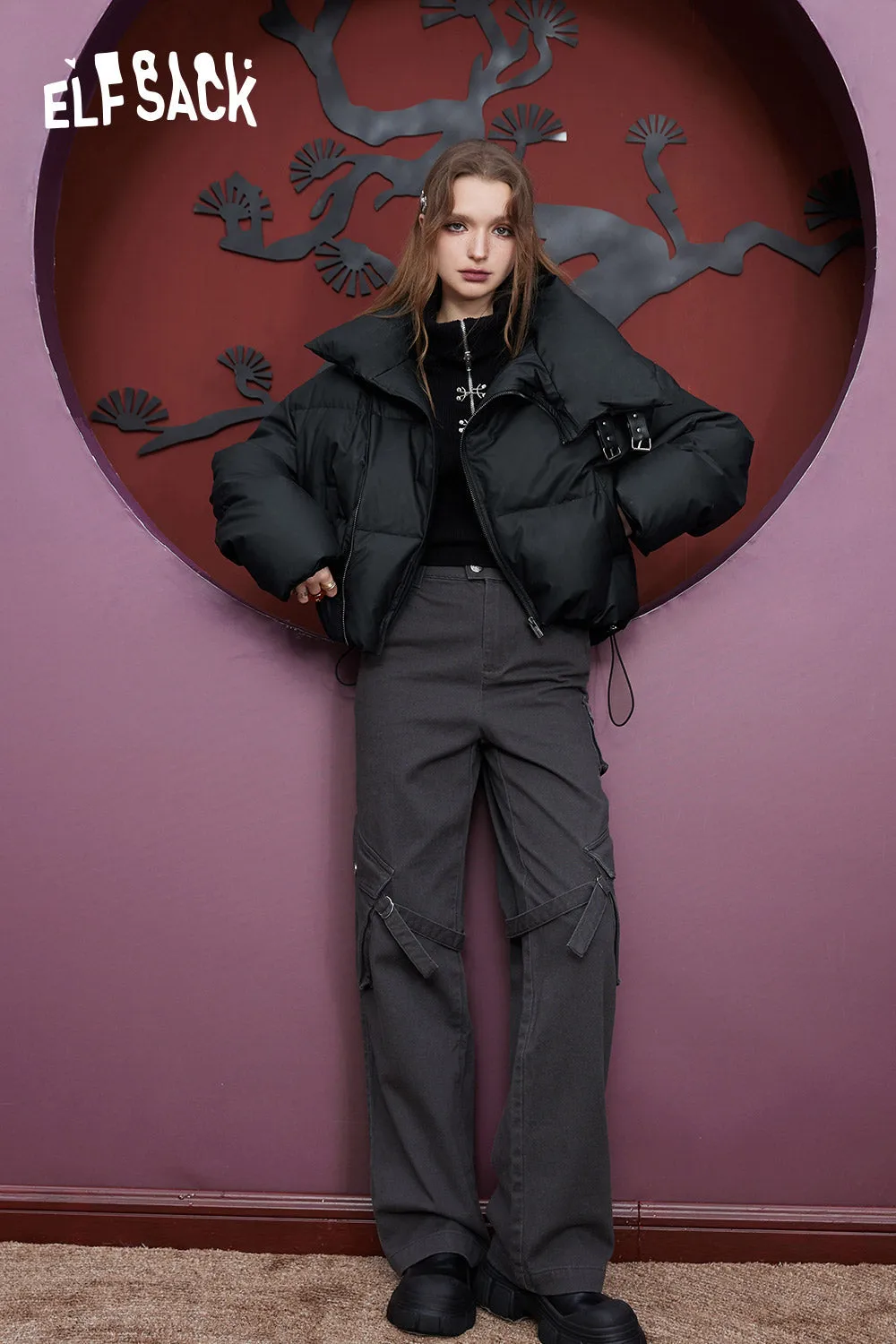 ELFSACK Cotton Cargo Pants Women 2023 Winter High Waist American Style Casual Daily Trousers