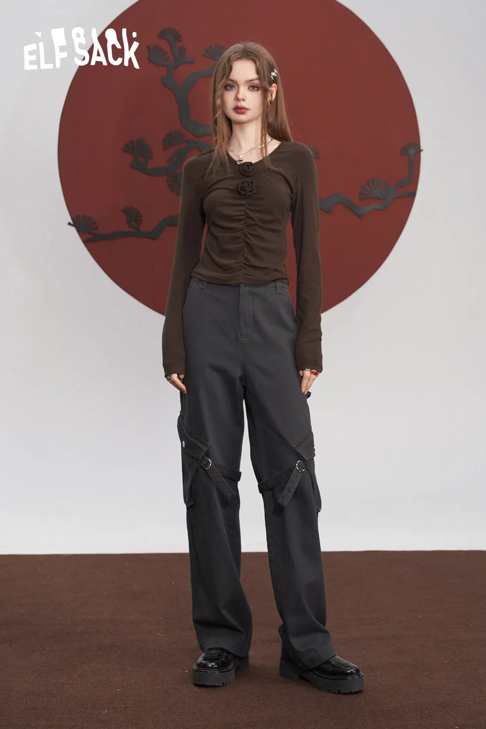 ELFSACK Cotton Cargo Pants Women 2023 Winter High Waist American Style Casual Daily Trousers