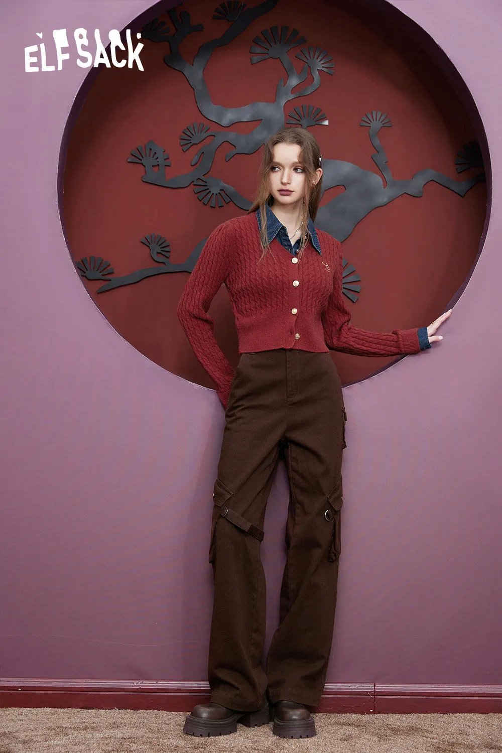 ELFSACK Cotton Cargo Pants Women 2023 Winter High Waist American Style Casual Daily Trousers