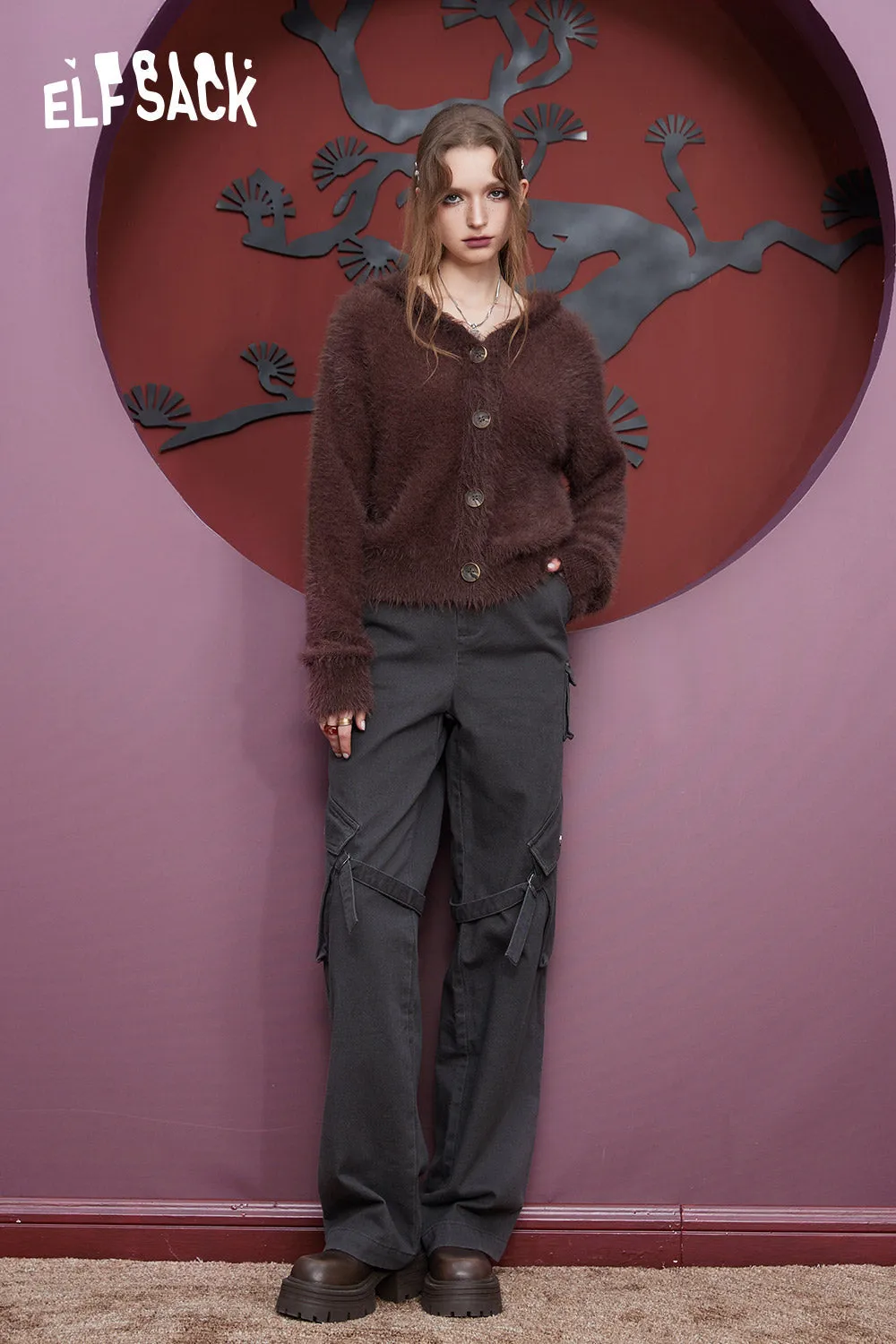 ELFSACK Cotton Cargo Pants Women 2023 Winter High Waist American Style Casual Daily Trousers