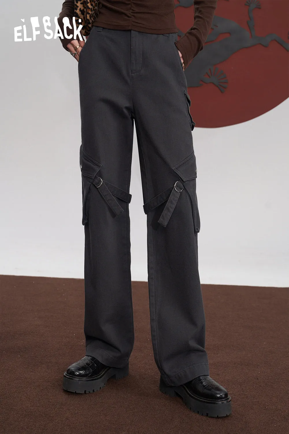 ELFSACK Cotton Cargo Pants Women 2023 Winter High Waist American Style Casual Daily Trousers