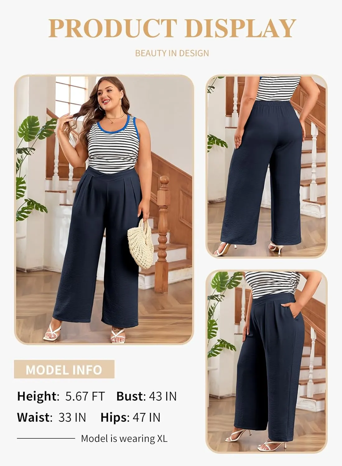 Eytino Womens Plus Size Wide Leg Pants Crossover Waist Pleated Front Casual Work Pants Lounge Trouser with Pockets(1X-5X)