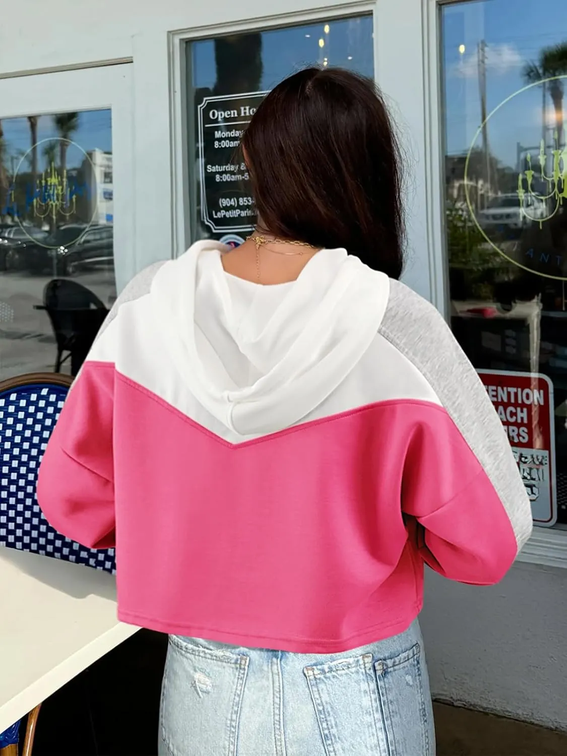 FAIRY SEASON Women Cropped Hoodies Long Sleeve Oversized Hooded Sweatshirt Color Block Crop Top Shirt Y2K Workout Pullover