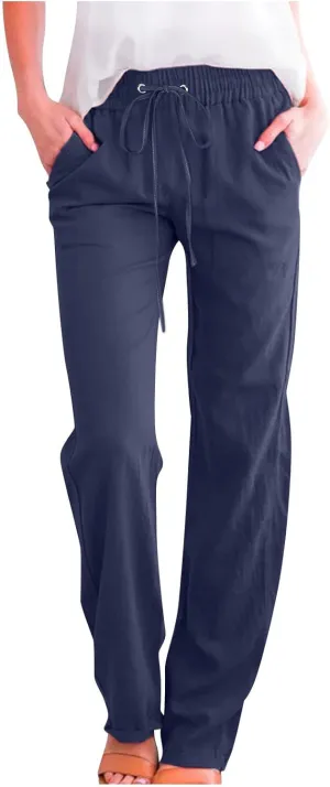 fartey Linen Pants Women Summer Casual Straight Leg Pants Drawstring Elastic High Waist Loose Comfy Trousers with Pockets