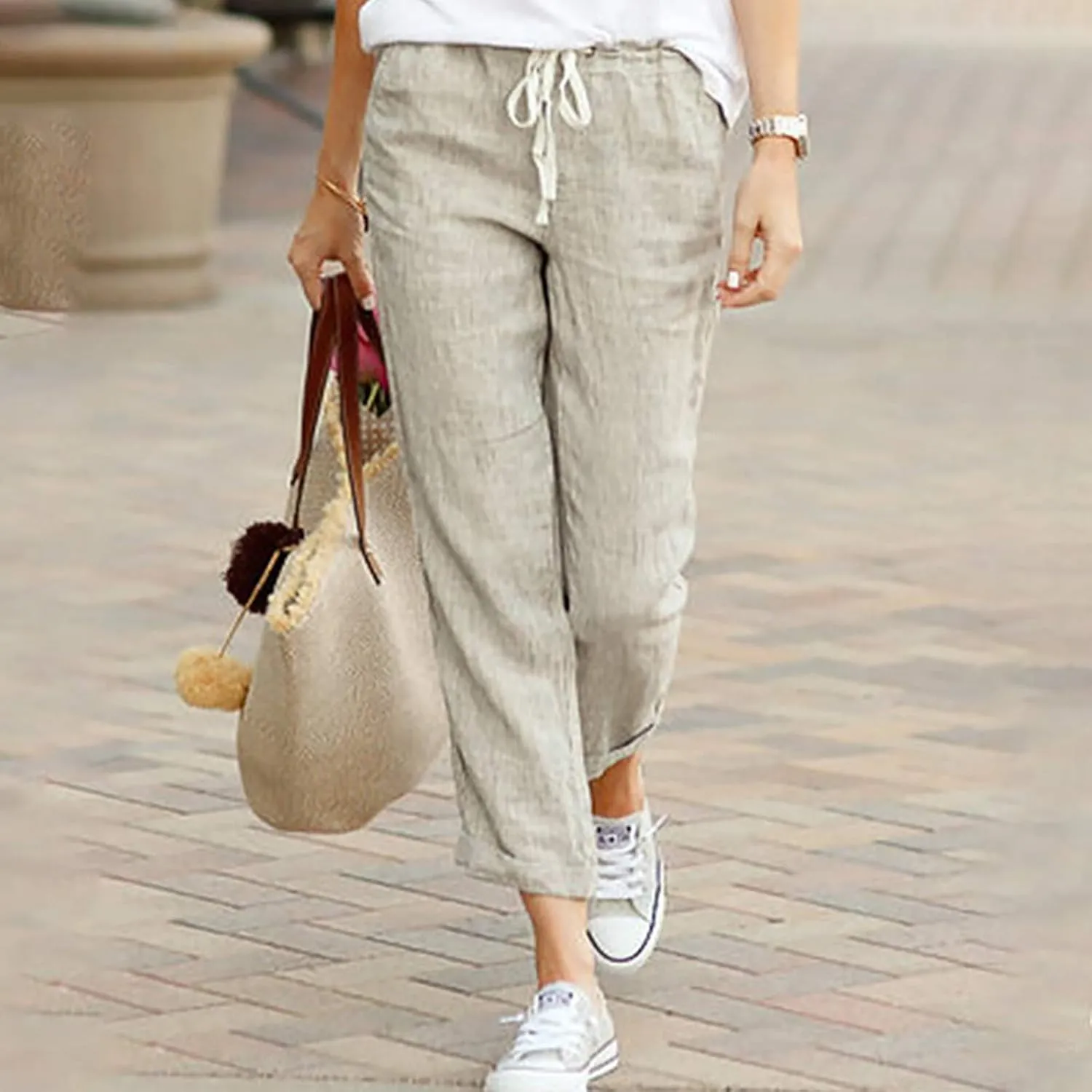 fartey Women Straight Leg Linen Pants Casual Loose High Waist Palazzo Pants Drawstring Wide Leg Summer Trousers with Pockets