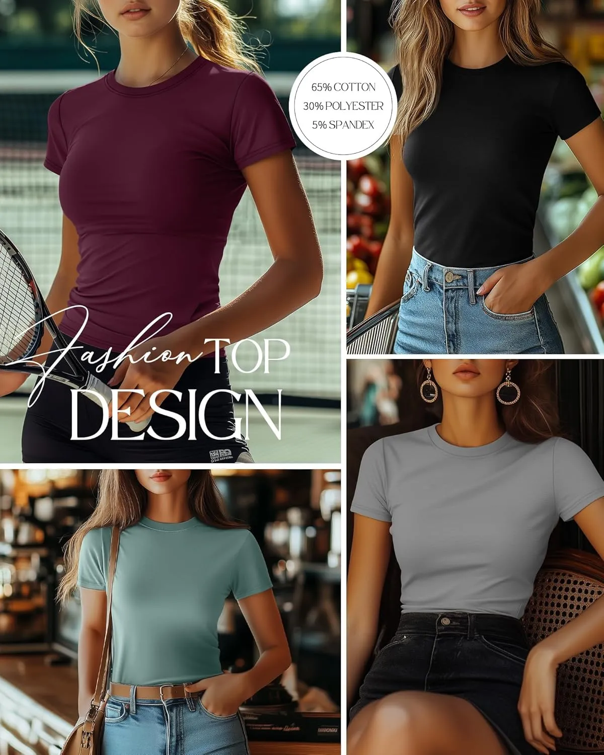 Ficerd 4 Pack Women's Short Sleeve T Shirts Cotton Crew Neck Slim Fitted Tops Basic Casual Shirts Stretchy Going Out Tees