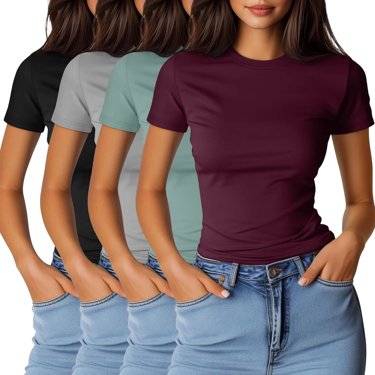 Ficerd 4 Pack Women's Short Sleeve T Shirts Cotton Crew Neck Slim Fitted Tops Basic Casual Shirts Stretchy Going Out Tees