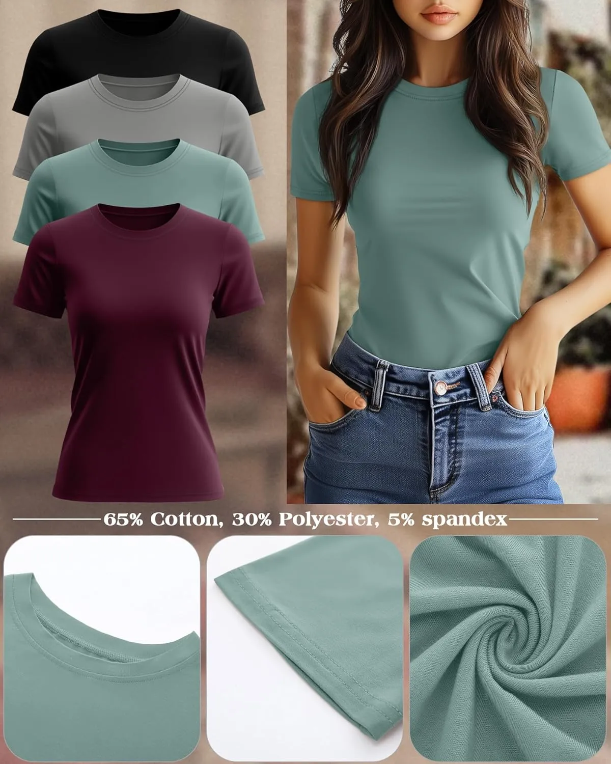Ficerd 4 Pack Women's Short Sleeve T Shirts Cotton Crew Neck Slim Fitted Tops Basic Casual Shirts Stretchy Going Out Tees