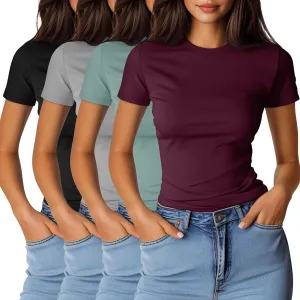 Ficerd 4 Pack Women's Short Sleeve T Shirts Cotton Crew Neck Slim Fitted Tops Basic Casual Shirts Stretchy Going Out Tees