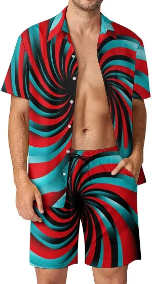 Flow Line Style Pictures Mens Swimsuit 2 Pieces Set Quick Dry Shorts Shirts Summer Button Down Short Sleeve Set